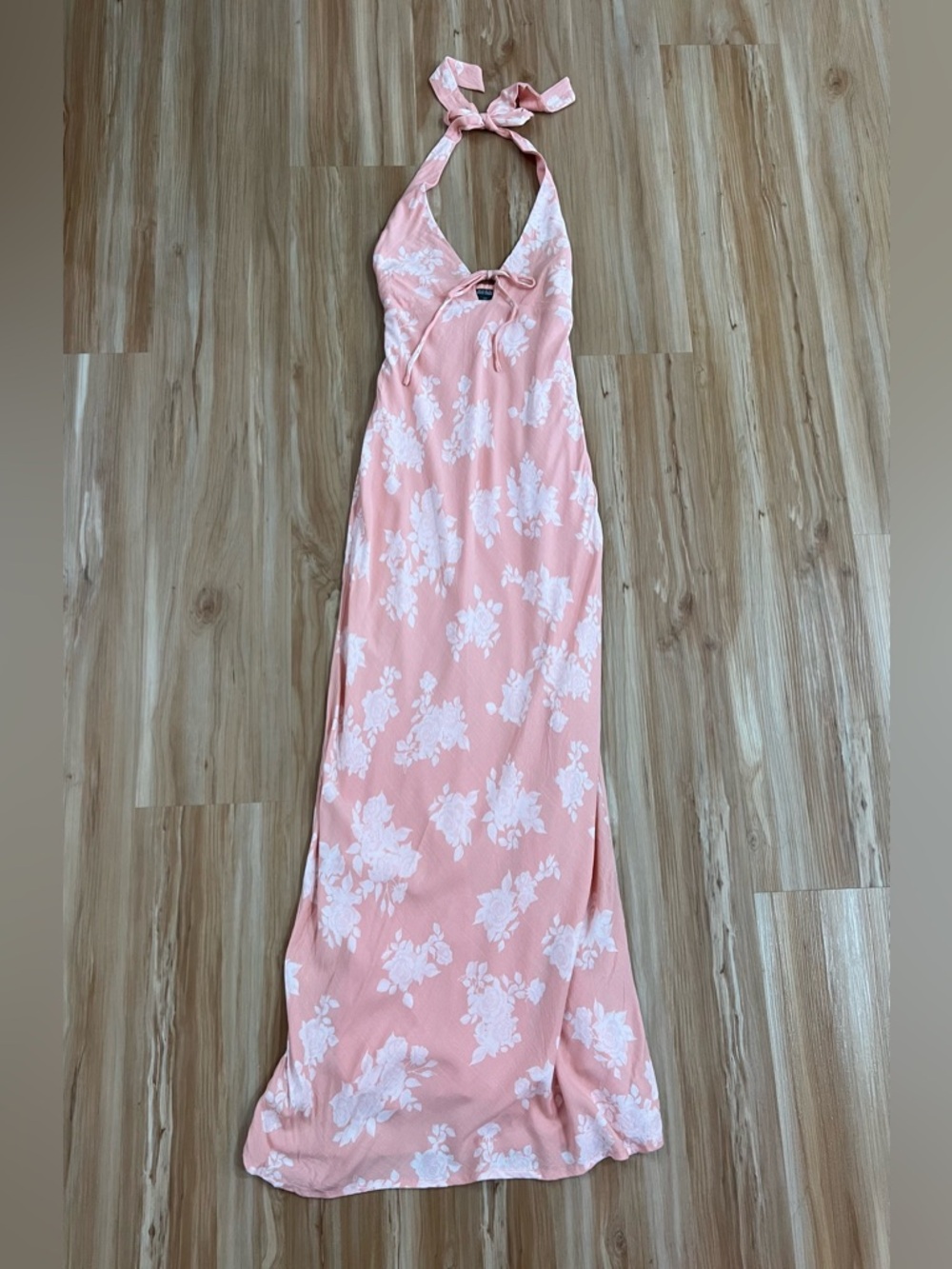 Peachy Pink & White Floral Halter Maxi Dress